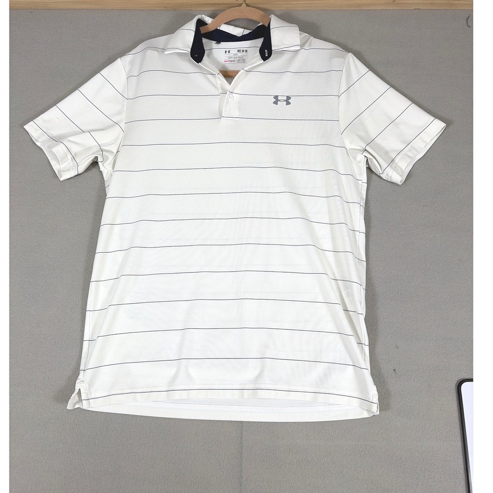 Under Armour Men HeatGear Loose Fit Stripe Golf Polo Shirt White Blue MD 1253479